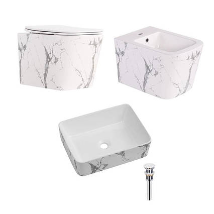 Комплект Qtap Tern Marble 3 в 1: унітаз підвісний Ultra Quiet + біде підвісне + раковина накладна QTTERMR49164, фото 1
