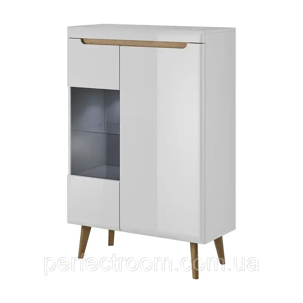 Вітрина скляна на ніжках у вітальню низька Nordi NWT90 Білий глянець/Дуб Рів'єра Meble Piaski, фото 1