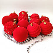 Новорічні кулі оксамитові червоні 8 см 12 шт— набір ялинкових прикрас