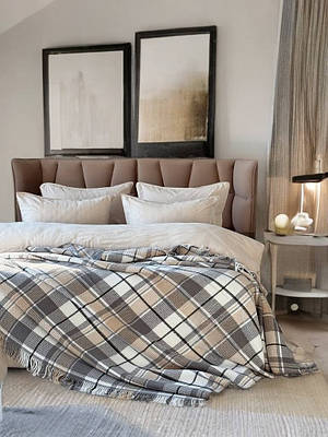 Плед покривало Cozy хлопок в клітинку сірий 150х200см, 180х220см