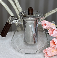 🤍Заварювальний чайник з жароміцного скла 950 мл, дерев'яна ручка, металева кришка та ситечко, Прозорий