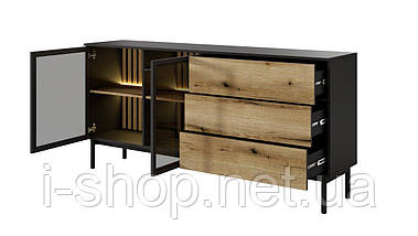 Комод з підсвіткою Perfect Home Ланг / Lang 2-дверний з 3 шухлядами 2D3S/180 Чорний/дуб евок (PFH-091142), фото 2