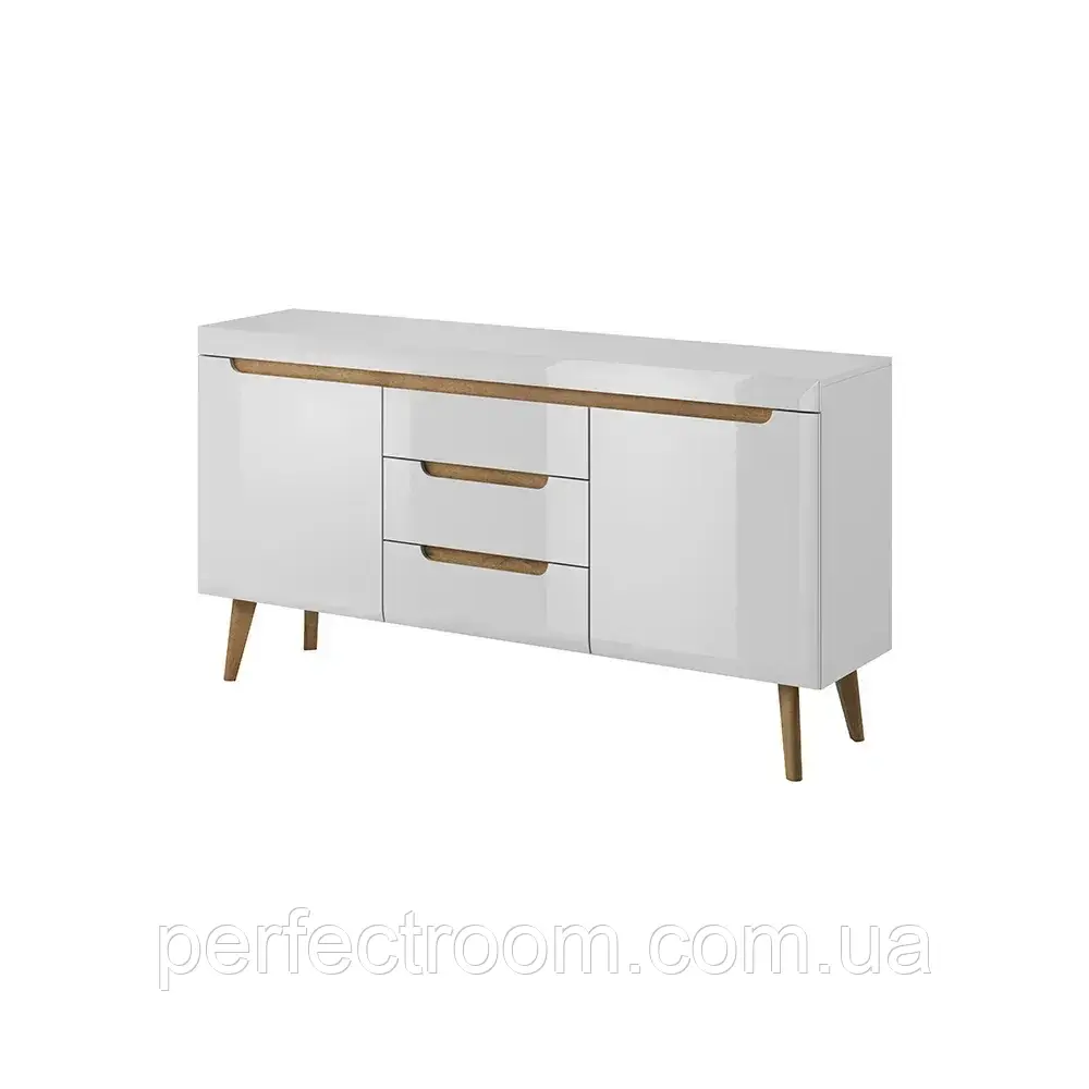 Комод дводверний з шухлядами у вітальню Nordi NKSZ160 Білий глянець/Дуб Рів'єра Meble Piaski