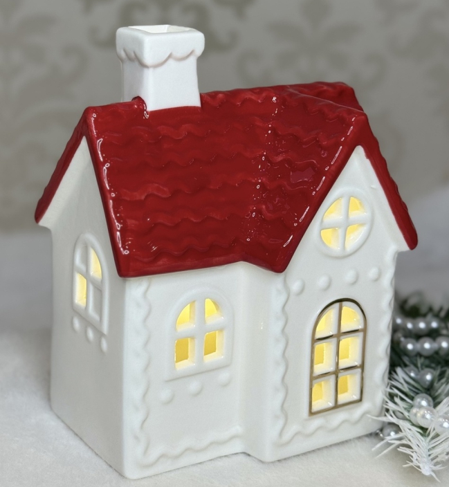 ❤️Порцеляновий Будиночок LED нічник 12х16х8см Декоративна новорічна статуетка світильник Білий з червоним, фото 1