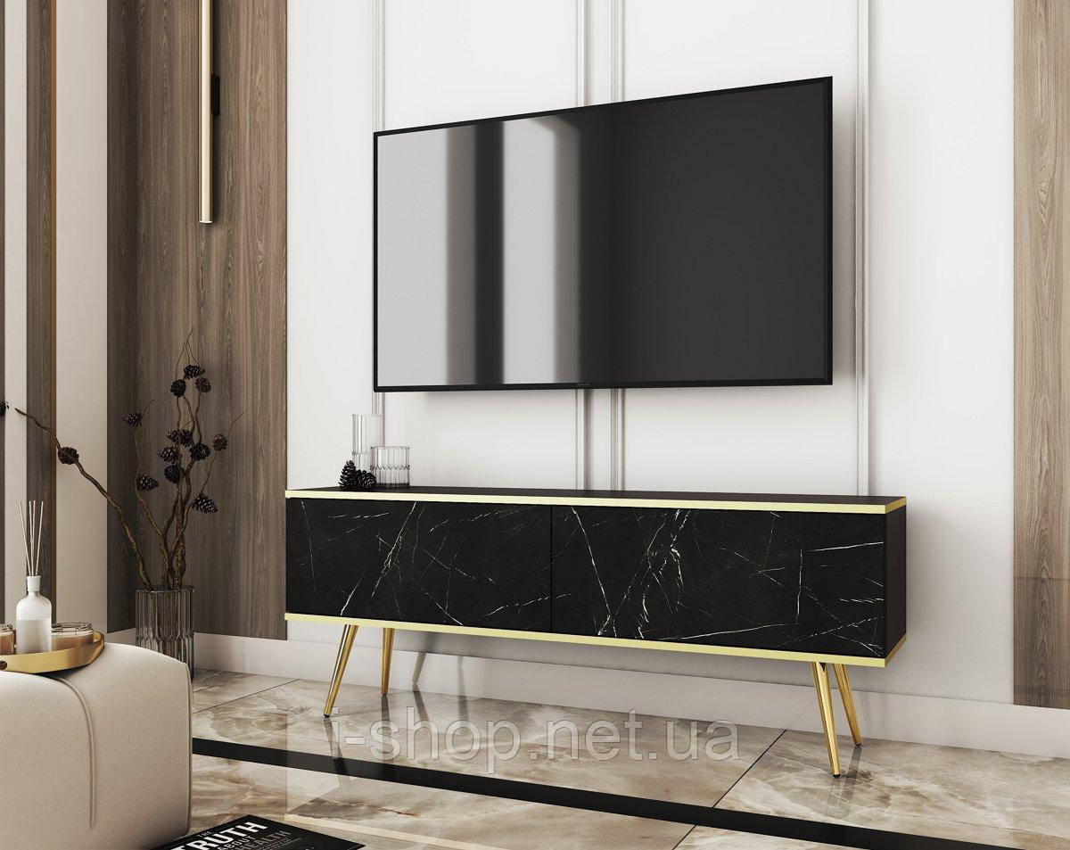 Тумба під телевізор Perfect Home Оро / Oro 2-дверна з золотими ніжками RTV135 Чорний мармур роял (PFH-091323)