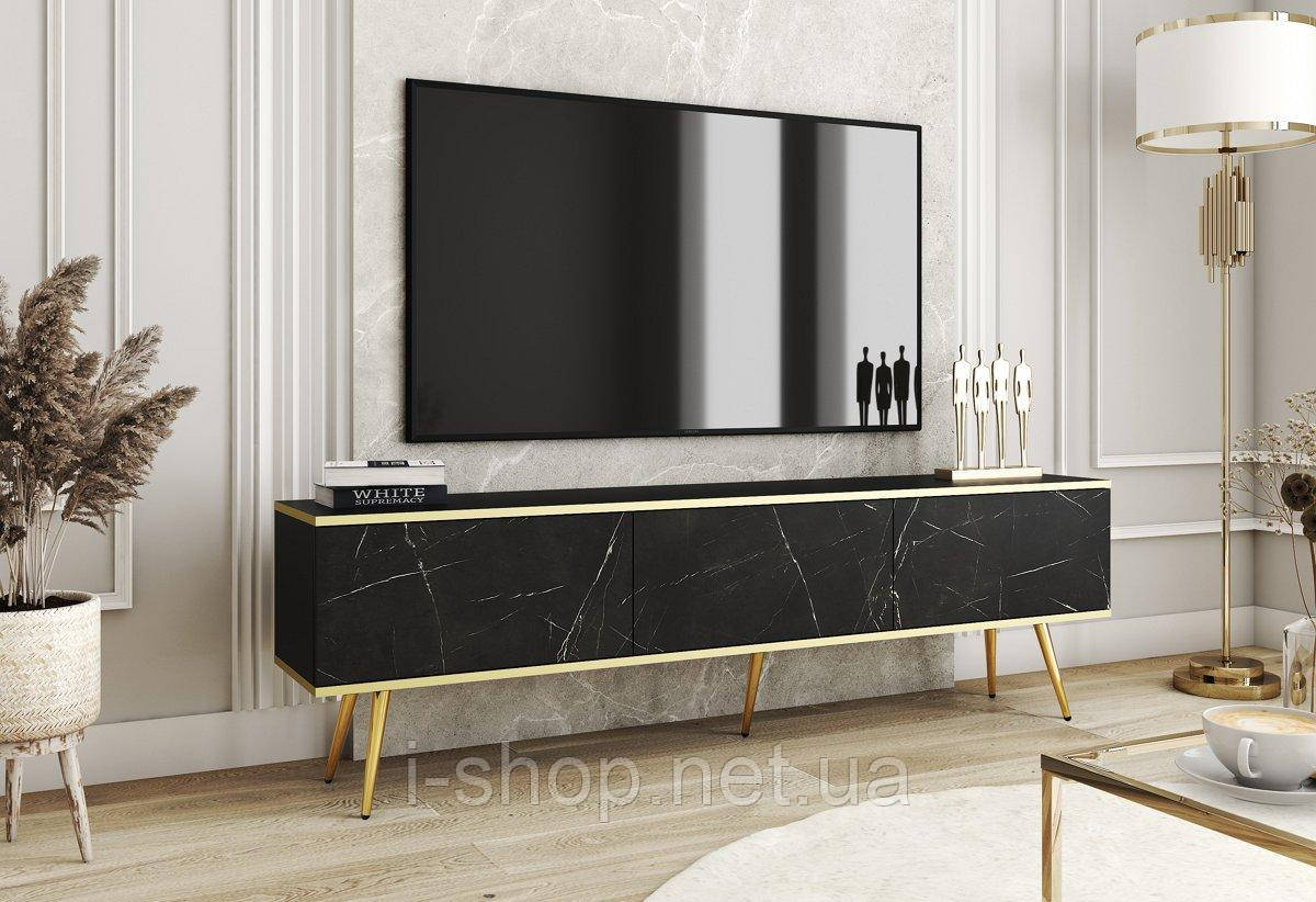 Тумба під телевізор Perfect Home Оро / Oro 3-дверна з золотими ніжками RTV175 Чорний мармур роял (PFH-091322)