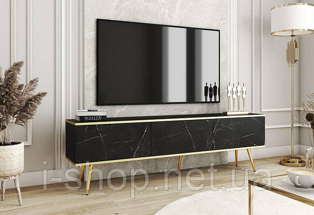 Тумба під телевізор Perfect Home Оро / Oro 3-дверна з золотими ніжками RTV175 Чорний мармур роял (PFH-091322), фото 1