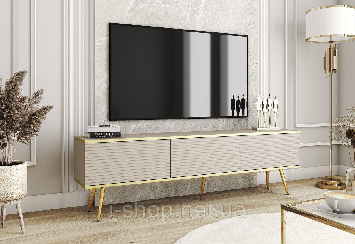 Тумба під телевізор Perfect Home Оро / Oro 3-дверна з золотими ніжками RTV175 MDF Бежевий (PFH-091347)
