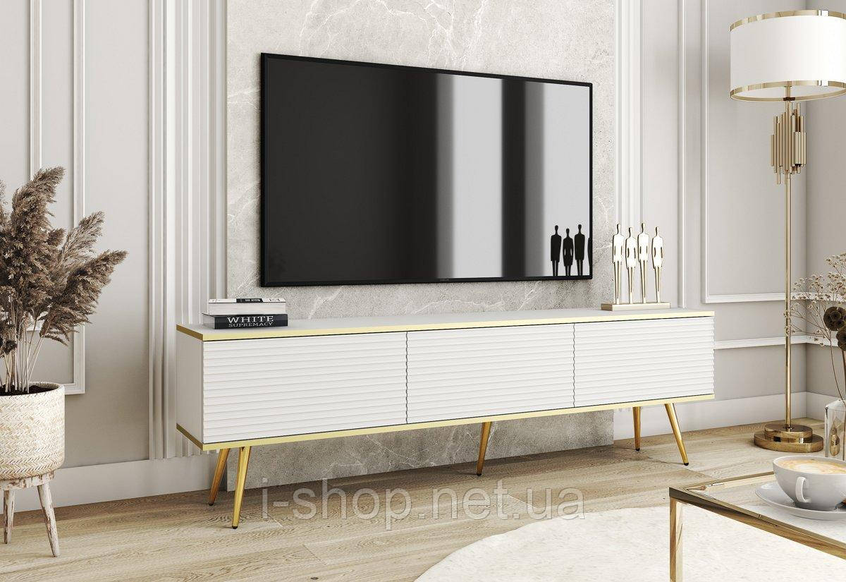 Тумба під телевізор Perfect Home Оро / Oro 3-дверна з золотими ніжками RTV175 MDF Білий (PFH-091341)