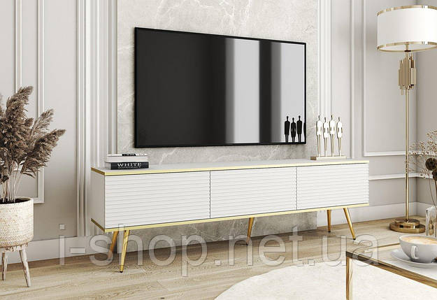 Тумба під телевізор Perfect Home Оро / Oro 3-дверна з золотими ніжками RTV175 MDF Білий (PFH-091341), фото 1