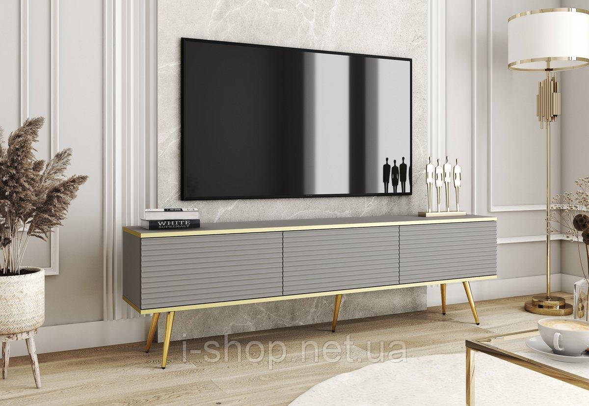 Тумба під телевізор Perfect Home Оро / Oro 3-дверна з золотими ніжками RTV175 MDF Сірий (PFH-091342)