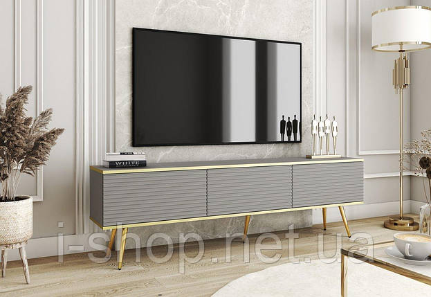 Тумба під телевізор Perfect Home Оро / Oro 3-дверна з золотими ніжками RTV175 MDF Сірий (PFH-091342), фото 1