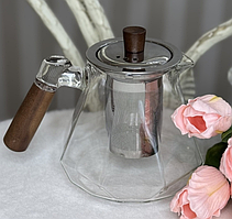 🤍Заварювальний чайник з жароміцного скла 550 мл, гранований, дерев'яна ручка, металева кришка та ситечко, Прозорий