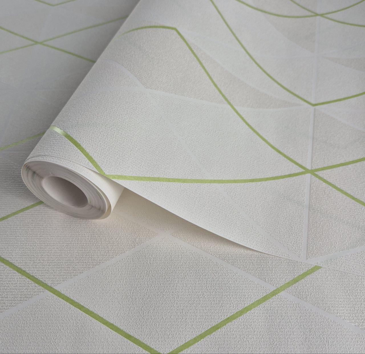 Шпалери вінілові на флізеліні 0.53 × 10.05 м Marburg 81972, молочно-бежеві з салатовими смугами — для спальні, дитячої, вітальні, фото 1