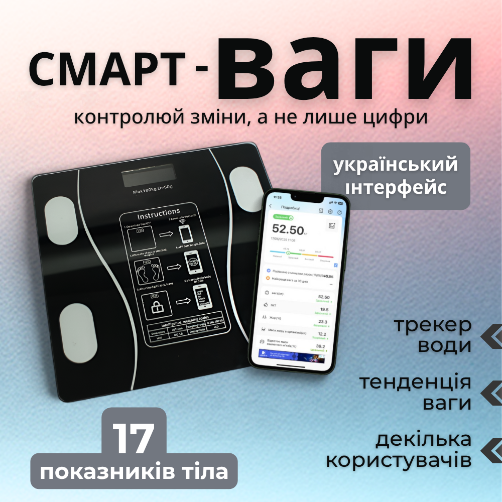 Смарт ваги електронна, розумні ваги підлогови, електронна вага для тіла Hechpro (BL180BT), фото 1