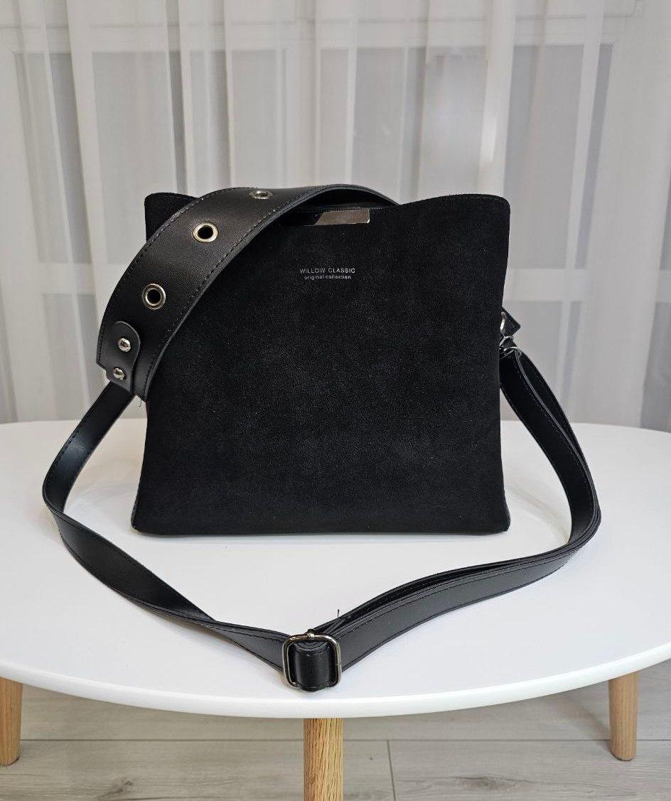 Жіноча сумка через плече стильна кроссбоді чорна натуральна замша+екошкіра