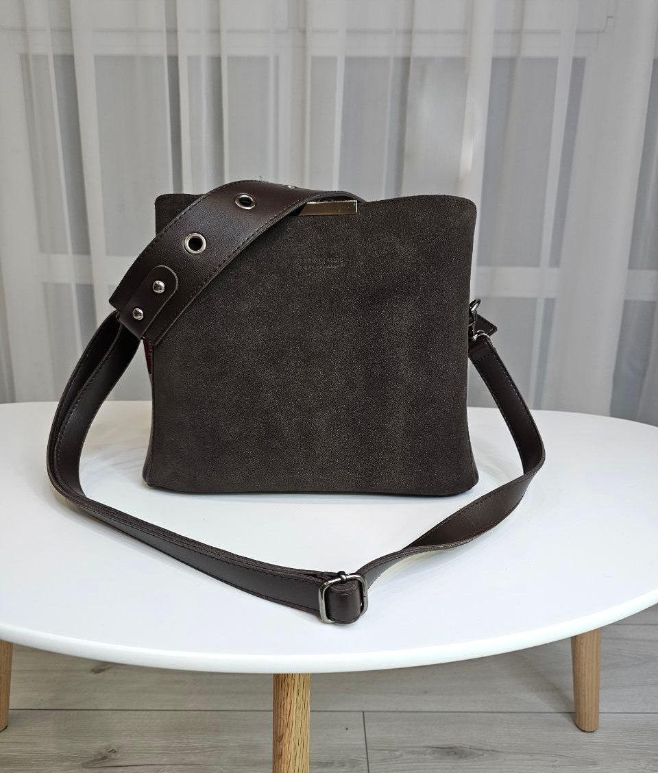 Жіноча сумка через плече стильна кроссбоді коричнева натуральна замша+екошкіра