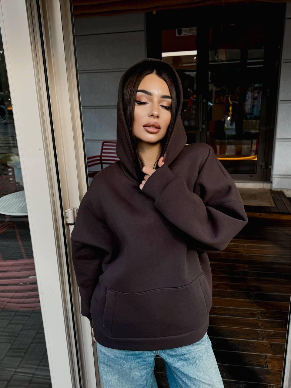 Оверсайз худі з турецької трьохнитки ПІНЬЄ Модель: 1432-283 Колір: чорний, молоко, рожевий, шоколад, фото 1