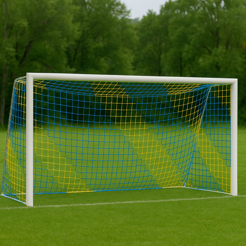 Сітка тренерувальна футбольна безвузлова «Преміум 1,5» довжина 5 м, жовто-синя (комплект з 2 шт.), фото 1