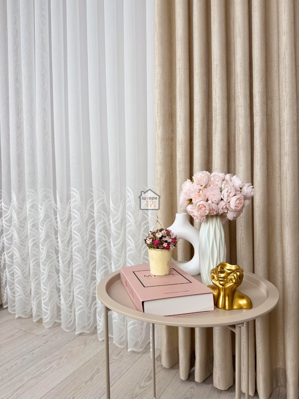 Тканина для тюля з вишитим малюнком по низу ТН47, бамбук, фото 1