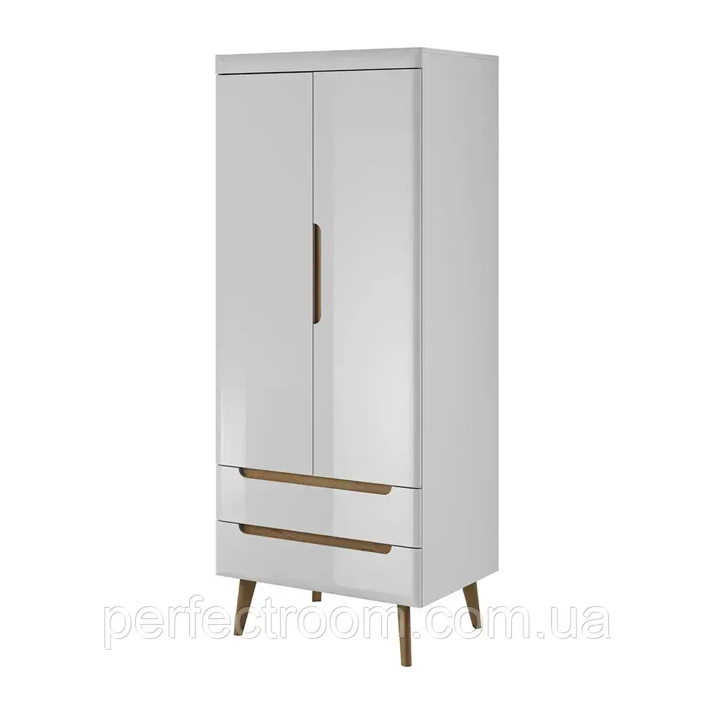 Шафа дводверна з шухлядами у вітальню Nordi NSZ80 Білий глянець/Дуб Рів'єра Meble Piaski