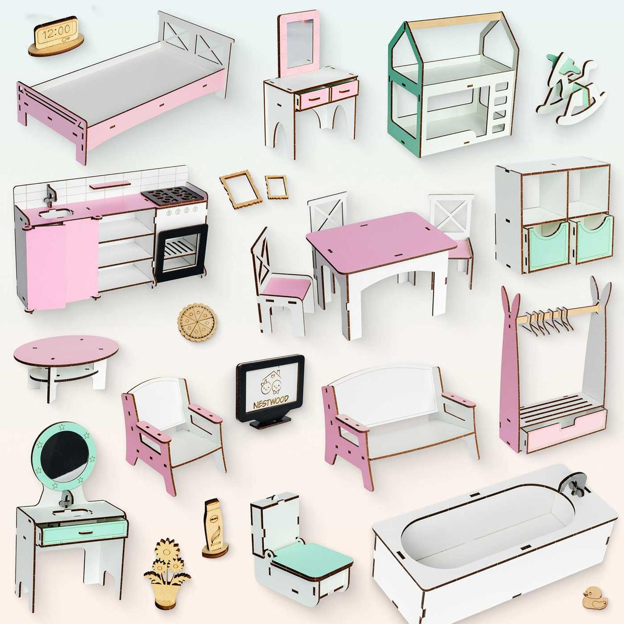 "Оптимальний" набір лялькових меблів NestWood для Барбі 19 од, рожево-м'ятний, фото 1