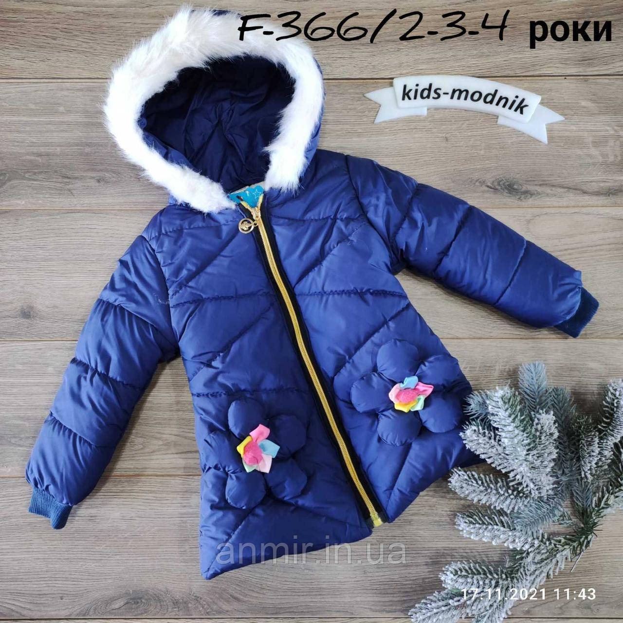 Куртка дитяча єврозима з капюшоном РОМАШКИ для дівчинки 2-4 роки, синього кольору