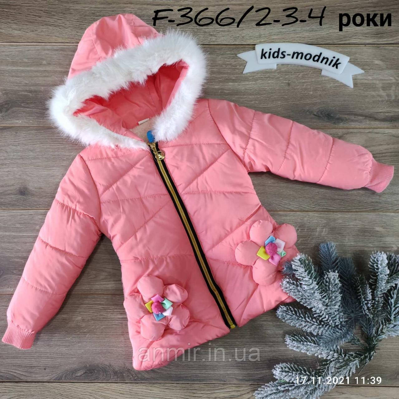 Куртка дитяча єврозима з капюшоном РОМАШКИ для дівчинки 2-4 роки, коралового кольору
