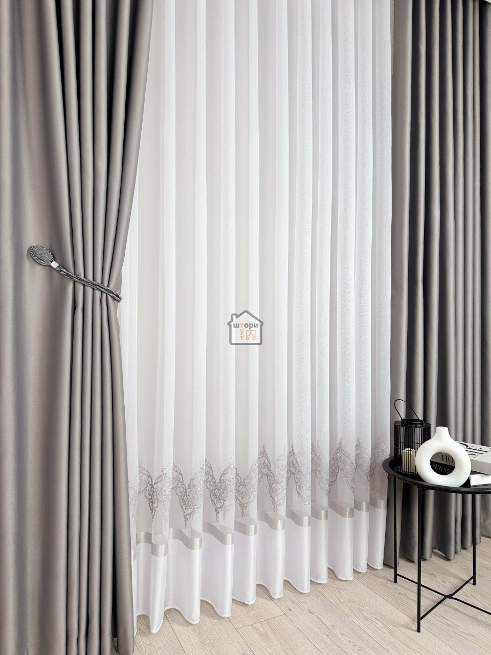 Тканина для тюля з вишитим малюнком і бордюром по низу ТН51, бамбук, фото 1