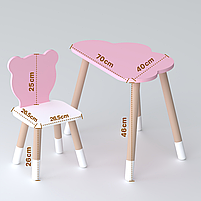 Дитячий набір меблів столик та стільчик, стіл в виді хмаринки 46х70х40, стілець в виді медвежа 26.5х26х25, рожевий з білим, фото 10