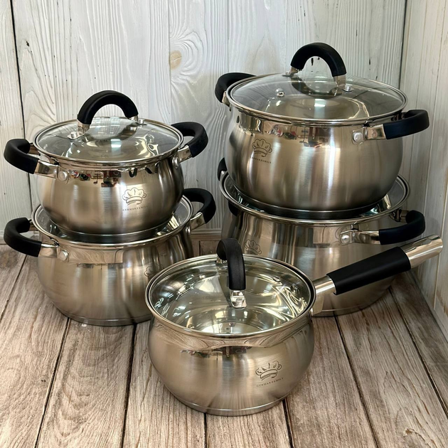 Набір каструль із кришками з неіржавкої сталі. Набір кухонного посуду для дому 10 предметів, фото 1