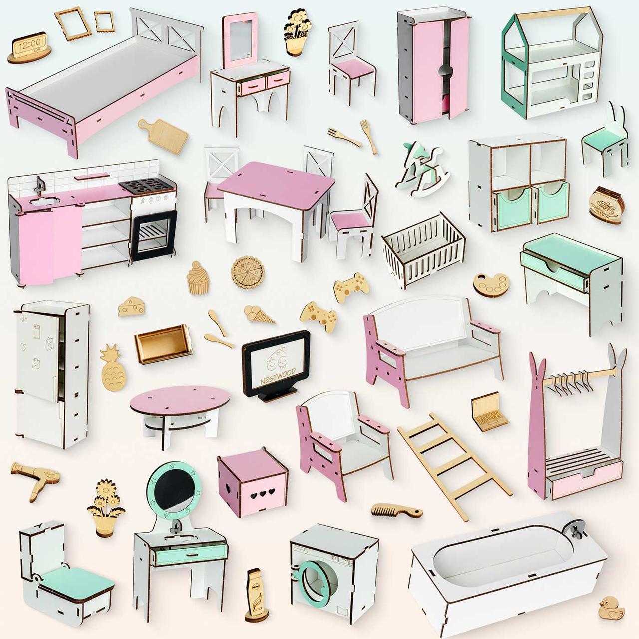 Великий набір лялькових меблів NestWood для Барбі рожево-м'ятний 32 од, фото 1