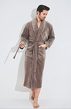 Велюровий халат чоловічий лазневий із довгим рукавом однотонний теплий халат чоловічий домашній на поясі Бежевий