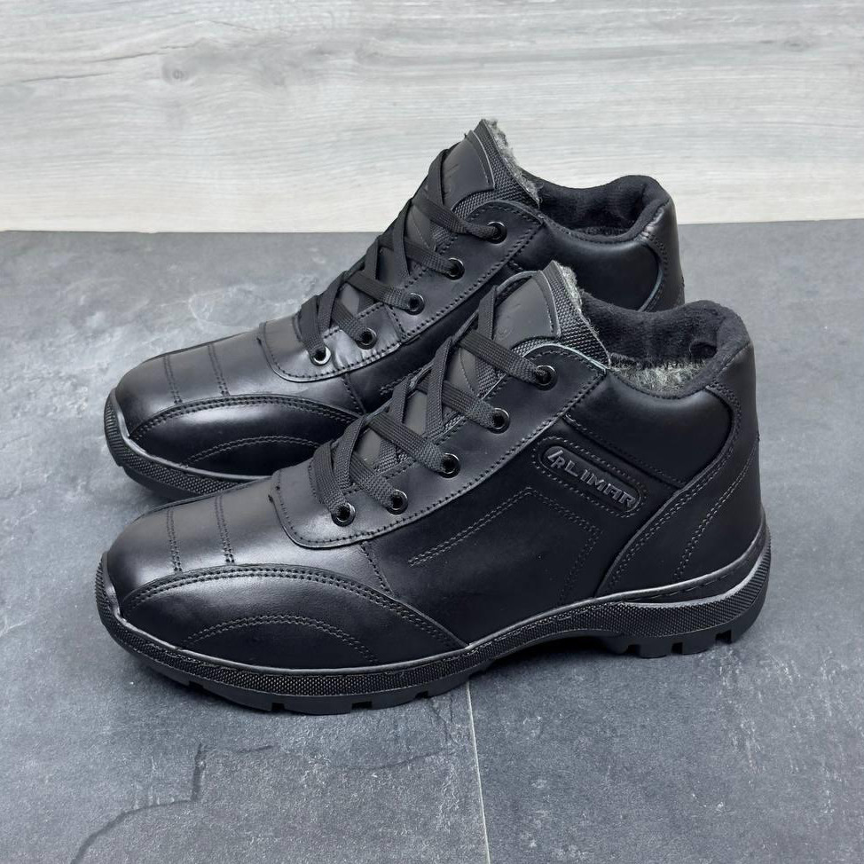 Зимові чоловічі шкіряні черевики, кросівки чорні утеплені з натуральної шкіри на хутрі на зиму для чоловіків, розмір 40-45, фото 1