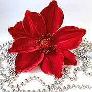 Новорічна квітка-декор Червона пуансетія, оксамит з блиском на гнучкій ніжці