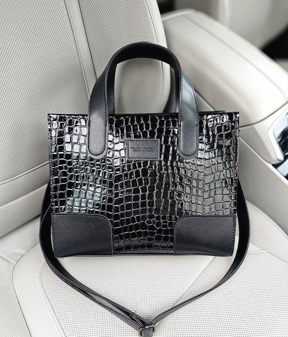 Сумка жіноча середнього розміру класична чорна рептилія екошкіра, фото 1