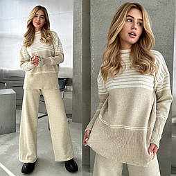 Жіночий в’язаний костюм у смужку з вовною светр штани — кемел, сірий, чорний, беж, оливка, блакитний | Єдиний розмір 42–46