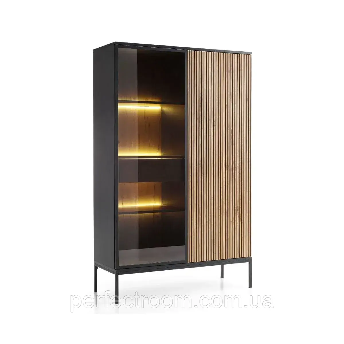 Вітрина дводверна скляна на ніжках з освітленням у вітальню Sento WTSZ104 3PKT LED Чорний/Дуб Вотан Meble Piaski