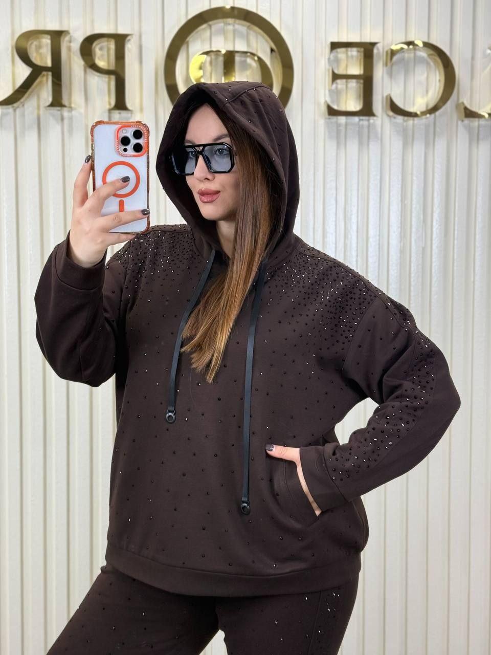 Жіночий трикотажний костюм двійка на флісі Туреччина (худі + штани) | Великі розміри