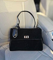 Жіноча сумка через плече сумочка середня чорна  натуральна замша+екошкіра