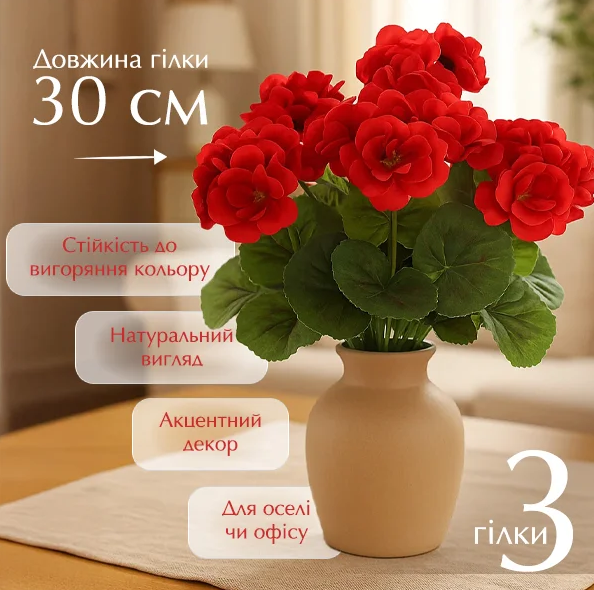 Штучні квіти для декору пеларгонії виготовлені з поліестеру стійкі до зносу та перепадів температур, фото 1