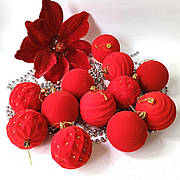 Набір новоріних прикрас - оксамитові червоні кулі і декоративна квітка