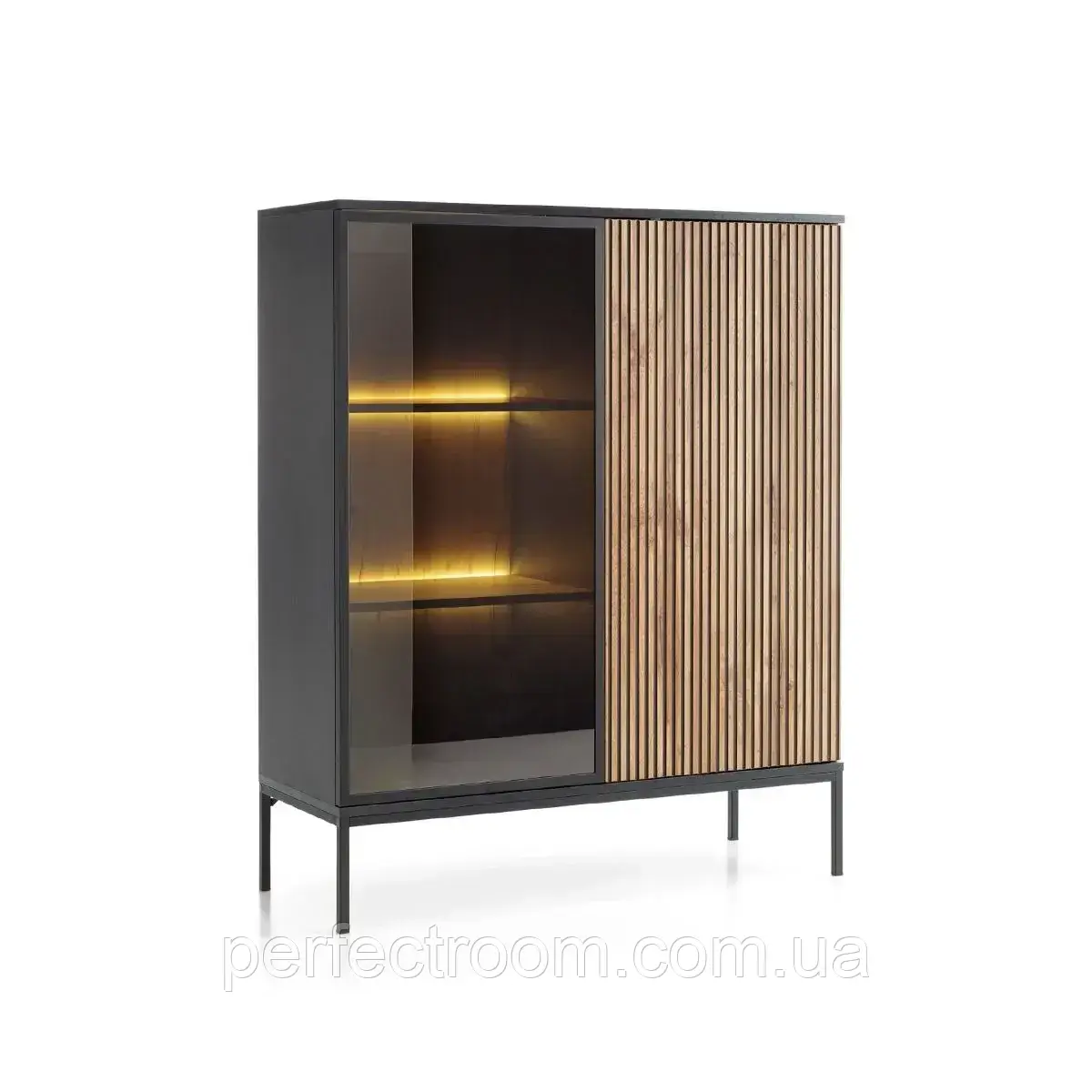 Вітрина дводверна скляна з освітленням на ніжках у вітальню Sento WT104 2PKT LED Чорний/Дуб Вотан Meble Piaski, фото 1