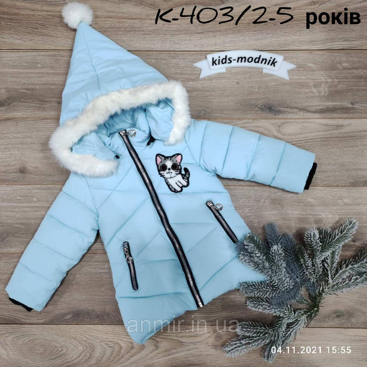 Куртка дитяча єврозима з капюшоном КОТИК для дівчинки 2-5 років, блакитного кольору