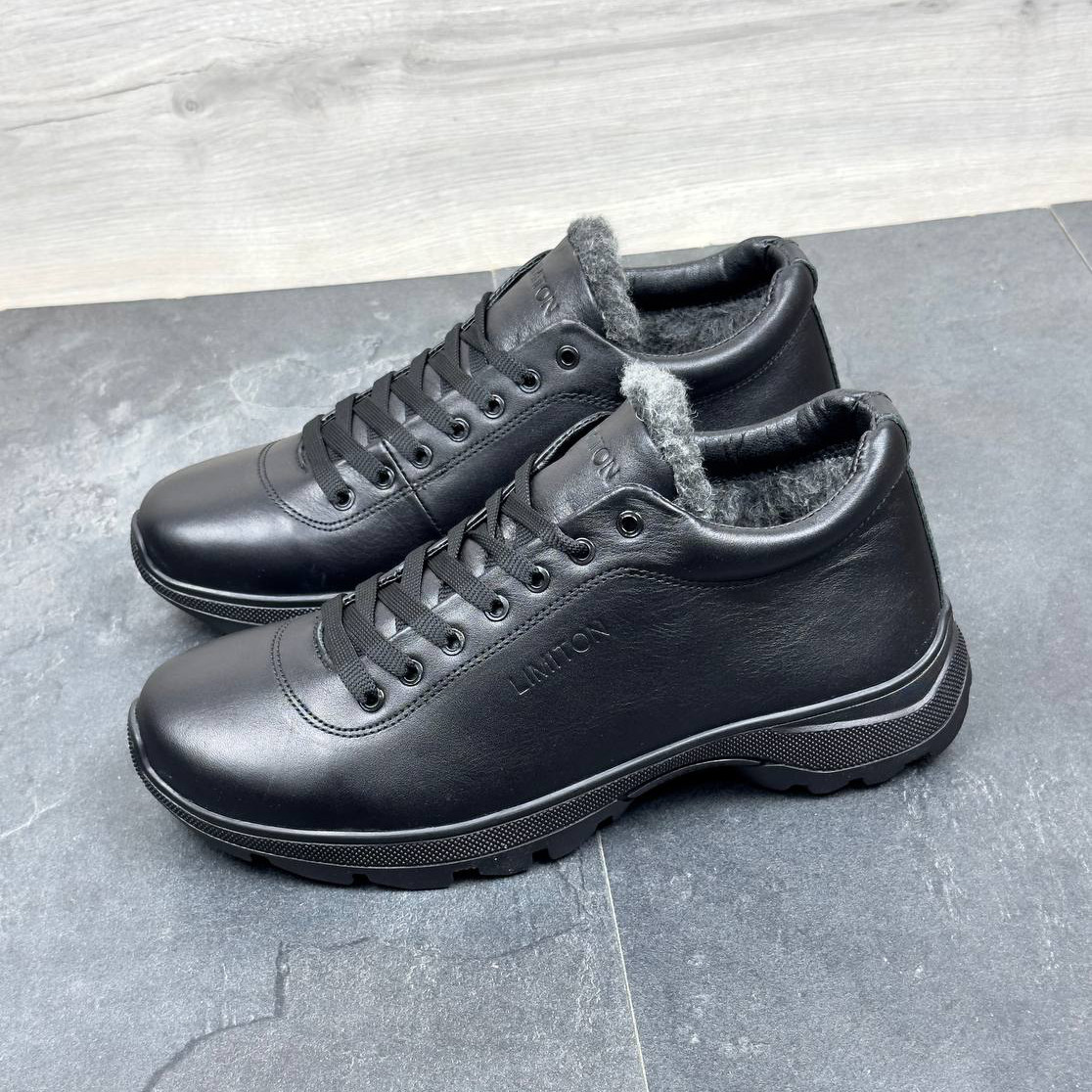 Зимові чоловічі шкіряні черевики, кросівки чорні утеплені з натуральної шкіри на хутрі на зиму для чоловіків, розмір 40-45, фото 1