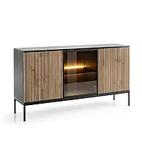Комод тридверний скляний з освітленням у вітальню Sento K154 1PKT LED Чорний/Дуб Вотан Meble Piaski