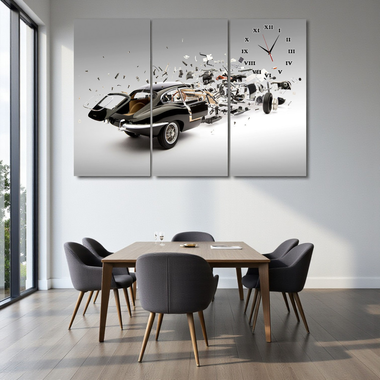 Картина-годинник «Ретро автомобіль» Триптих із безшумним годинниковим механізмом Стильний настінний декор для чоловіків, фото 1