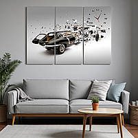 Картина-годинник «Ретро автомобіль» Триптих із безшумним годинниковим механізмом Стильний настінний декор для чоловіків, фото 3