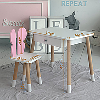 Дерев'яний столик із шухлядою 46х60х45 і стільчик метелик 26.5х26х25, стіл та стілець для дівчинки, білий з рожевим, фото 10