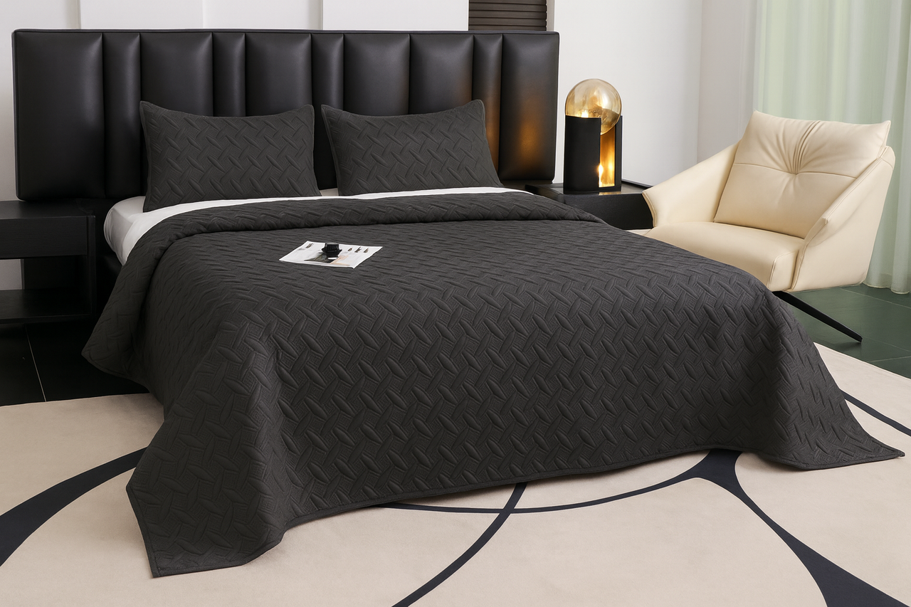 Комплект стьобаного покривала 200х230 см з двома наволочками 50х70 мікрофібра | Графітовий, фото 1